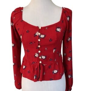 Hollister Red Viscose Floral Peasant Peplum Blouse size S